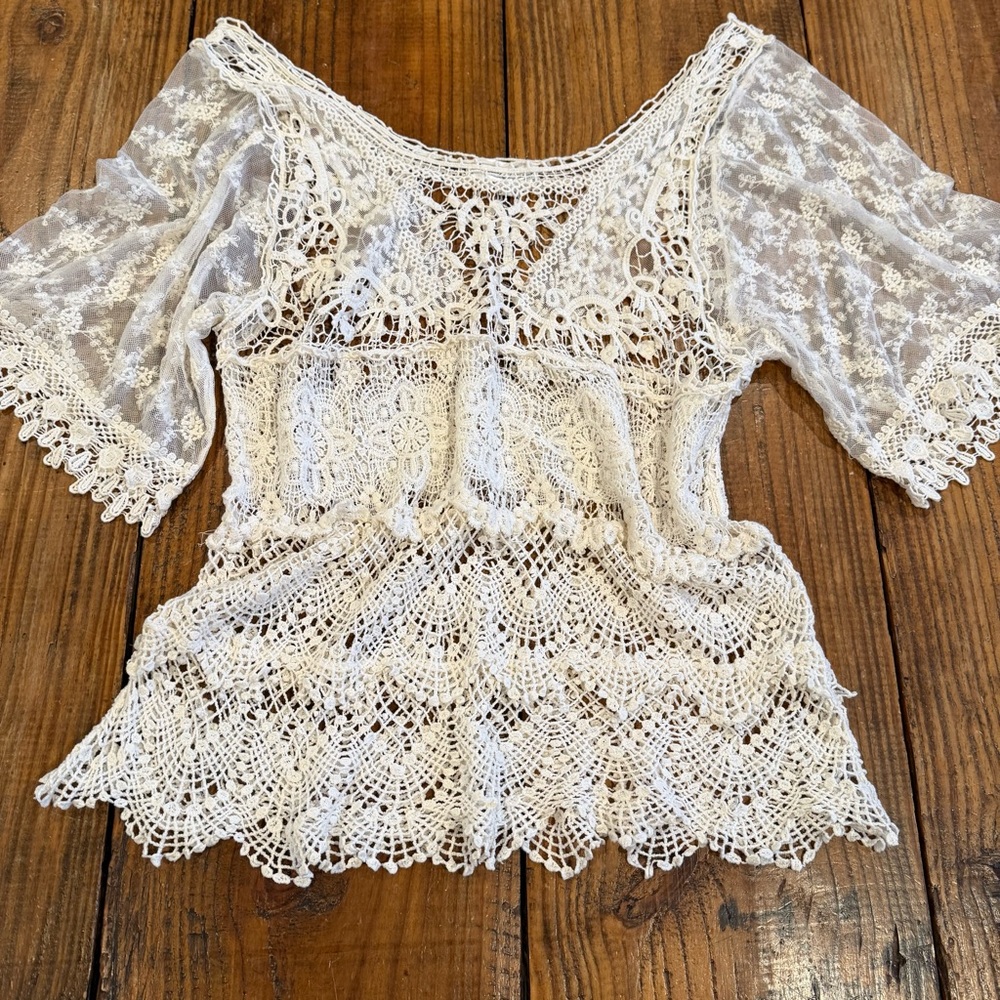 Pretty Angel Boho Lace Tunic Top XL Ivory Crochet & Lace Romantic Festival - Picture 7 of 13